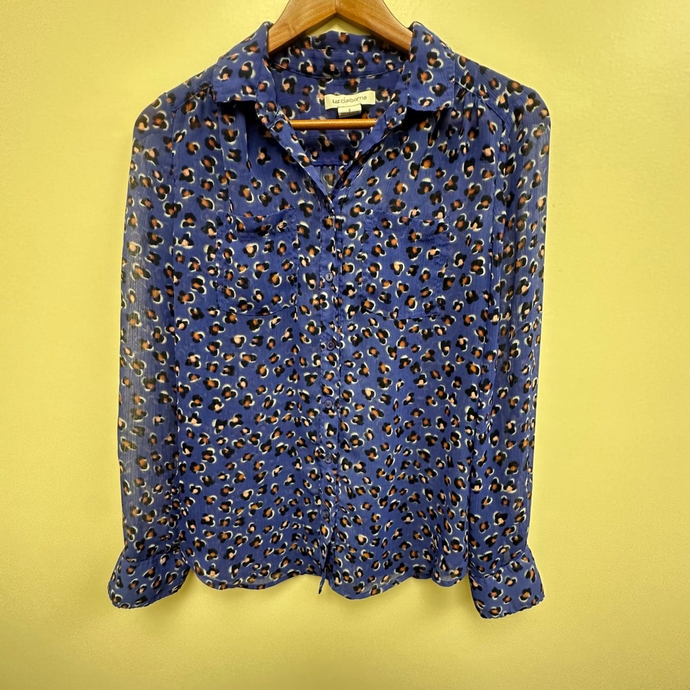 Liz Claiborne Blue Leopard Print Sheer ButtonUp Blouse Small Pockets Long Sleeve